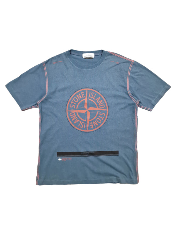 Stone Island Ocean Blue Front Red Logo & Stitching Tee AW21